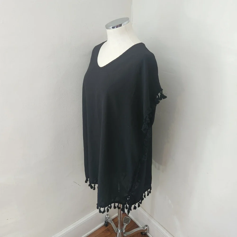 Yincra Black Tassel Trim V-Neck Swimsuit Cover Up‎ Kaftan Dress Womens Large